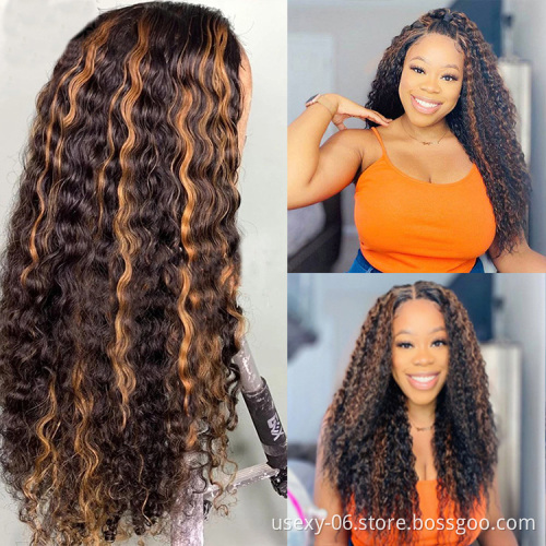 Wholesale honey brown color virgin hair frontal wig full hd lace front human hair wigs water wave brazilian highlight wig